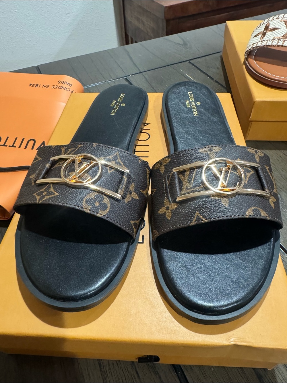 Brown Slide Sandals with Gold Emblem